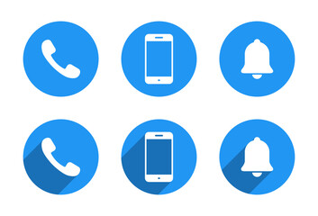 Call, smartphone and notification icon with long shadow. Phone, cellphone, and bell symbol