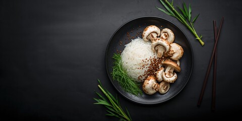 White and brown Shimeji mushrooms with rice noodles on a black plate, highlighting culinary presentation, World Food Day