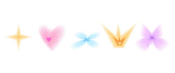 Grainy heart, crown, butterfly noise gradient multi colors icons. Grain gradation flower, star dot airbrush spray shapes. Vector simple butterfly figures with dotwork paint isolated no background. © Syuzann q