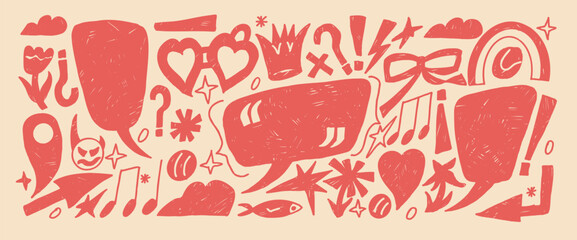 Crayon red scribbles collage elements. Set of speech bubbles with bow, crown, and hearts cheerful expression. Callouts text boxes with inverted Spanish punctuation mark. Vector naive crayon isolated.