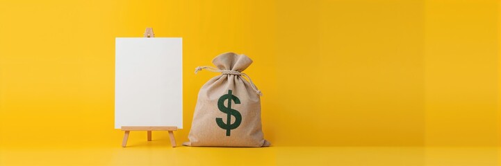 A yellow background with a blank display stand used for product presentation, featuring a dollar sign mascot and rustic money sack, ideal for sales templates