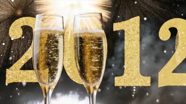 Two champagne flutes in front of glittery "2020" with a celebratory explosion backdrop