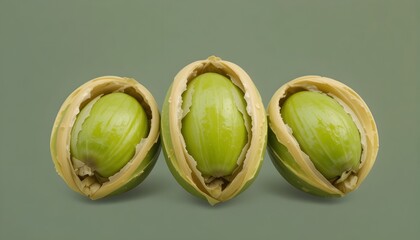 Three fresh pistachios with open shells reveal vibrant green nuts, perfectly isolated on a transparent background, high quality PNG file.