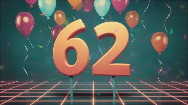 Number 62 surrounded by balloons. Festive video for birthday or anniversary party