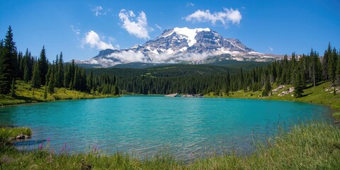 Mountain lake scene with glacier peak in the background, suitable for nature background or landscape design, Earth Day