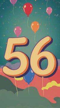 Number 56 surrounded by balloons. Festive video for birthday or anniversary party