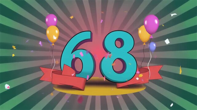 Number 68 surrounded by balloons. Festive video for birthday or anniversary party