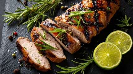 Grilled pork tenderloin slices with fresh rosemary and lime on a dark slate