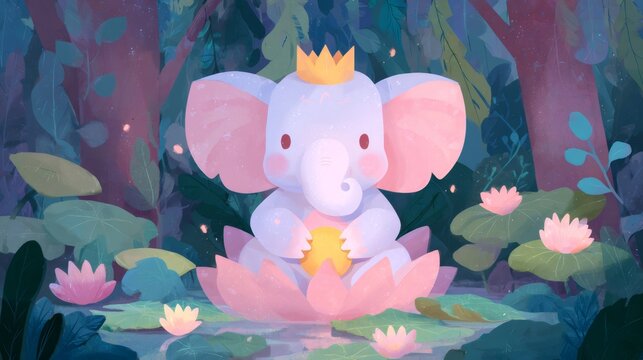 Cute colorful ganesha baby elephant sitting on a pink lotus flower in a fantasy forest illustration for kids mythology and spirituality concept. - Powered by Adobe