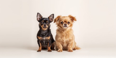 Black and beige Chihuahua lap dogs sitting against a white background, emphasizing pet grooming and cleanliness, neutral setting