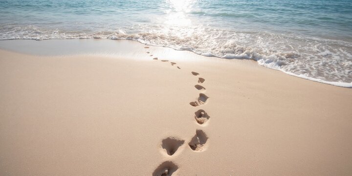 Wet sand footprints on a beach surface, emphasizing shoreline erosion risk, summer season