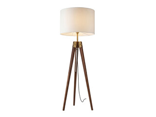 Fototapeta premium Modern tripod floor lamp isolated PNG on transparent background, contemporary lighting fixture with fabric shade for interior design