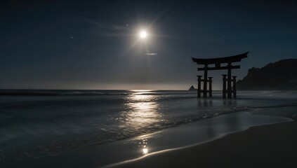 Traditional torii gate standing along the coast under a full moon, emphasizing cultural heritage and nighttime scenery