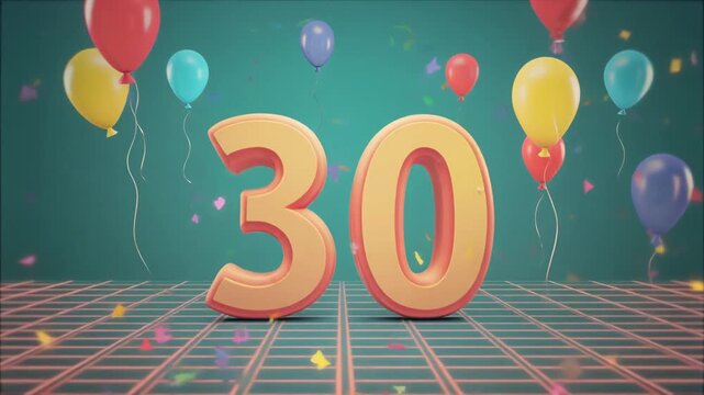 Number 30 surrounded by balloons. Festive video for birthday or anniversary party
