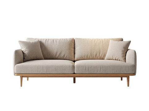 Modern beige sofa with pillows isolated PNG, contemporary couch furniture on transparent background for interior design and home decor