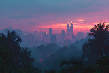 Kuala lumpur skyline malaysia cityscape at sunset with petronas towers and tropical trees view landscape 100