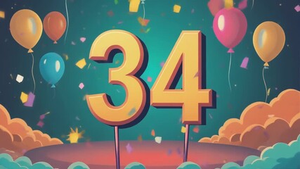 Number 34 surrounded by balloons. Festive video for birthday or anniversary party