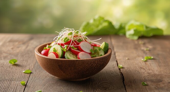 Radish and cucumber salad with green onion and sprouts, emphasizing fresh ingredients for healthy eating, World Health Day