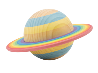 Wooden toy planet with rainbow ring isolated PNG, educational toy for kids learning about space and planets on transparent background