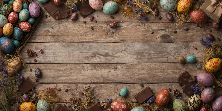 Easter chocolate decoration on wooden floor, seasonal celebration imagery