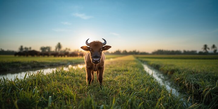 Young buffalo in front with herd behind, emphasizing animal social behavior, Earth Day