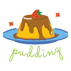 A Delicious Yellow Pudding Topped with Chocolate Sauce and a Single Strawberry Served on a Blue Plate with Sparkles and the Word Pudding Beneath