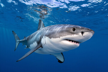 A high-quality, realistic photograph of a Great White Shark swimming in open blue water, positioned close to the surface with its sharp teeth visible.