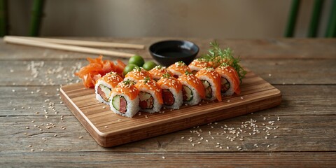 Maki sushi rolls on a wooden platter, emphasizing Japanese cuisine and the preparation process