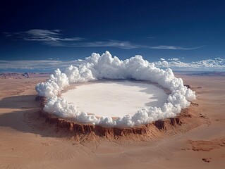 An aerial view of a large, circular crater in a desert landscape, with a thick plume of white smoke rising from its rim under a clear blue sky.