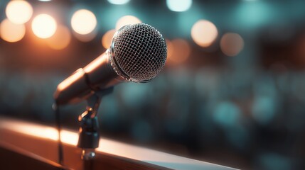 Obraz premium Close-Up Microphone on Podium with Vibrant Stage Lighting