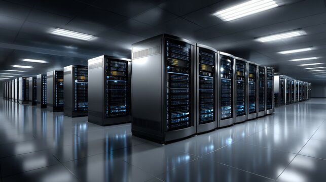 Modern server room with rows of racks illuminated by cool blue lights