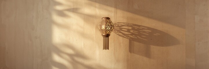 Oriental geometric wall lamp casting shadows, functional lighting for interior decor
