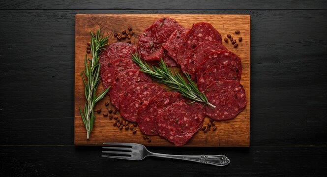 Spanish dry cured salchichon salami sliced on a cutting board, emphasizing food safety practices, dark wooden surface