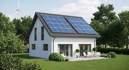 Obraz premium A white, modern suburban house featuring a pitched roof covered in solar panels and a patio for relaxing. A wind turbine in the background emphasizes sustainable, renewable energy.
