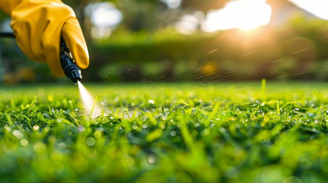 Pest control expert spraying chemical solutions on vibrant green lawn for effective management
