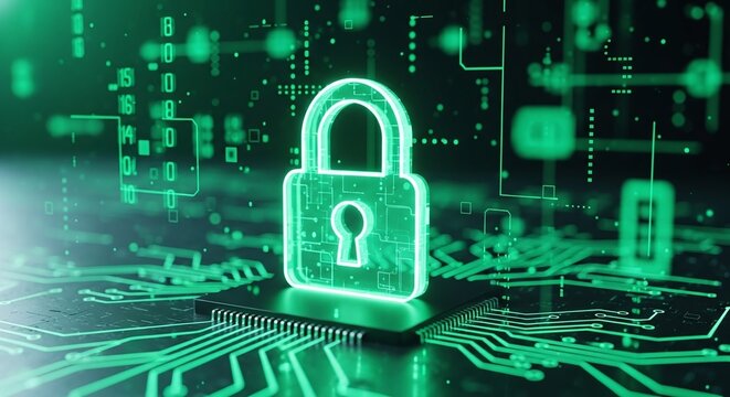 A glowing green padlock hovers above a microchip, symbolizing digital security and data protection in the age of cyber threats and information technology
