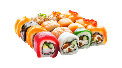 A plate of sushi with many different types of sushi rolls