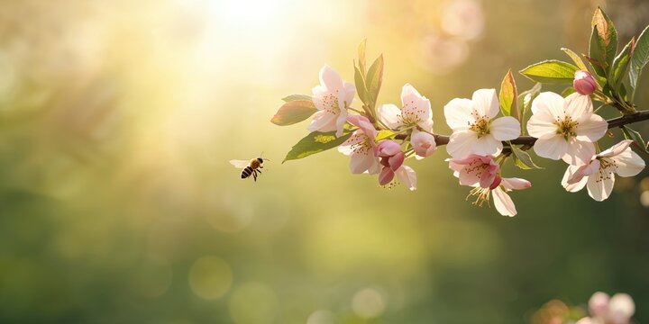 A blossoming apple tree branch with a bee approaching flowers in spring sunlight, emphasizing pollination during seasonal change