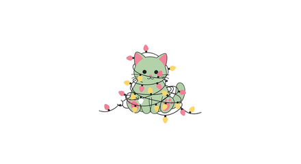 Adorable green cat tangled in cheerful Christmas lights, a festive holiday design for greeting cards and seasonal promotions, spreading joy and warmth