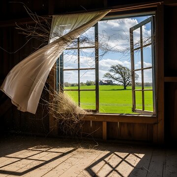 Breeze blowing through an open window in an old rustic room overlooking a vibrant green field.