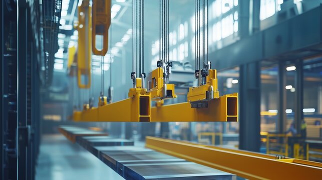 Heavy machinery lifts steel beams in a modern warehouse during daylight hours