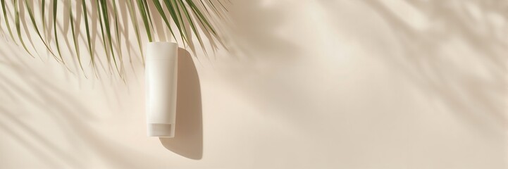 Beauty skincare cosmetic mockup featuring a cream lotion bottle beneath coconut palm leaf shadow, ideal for UV protection branding