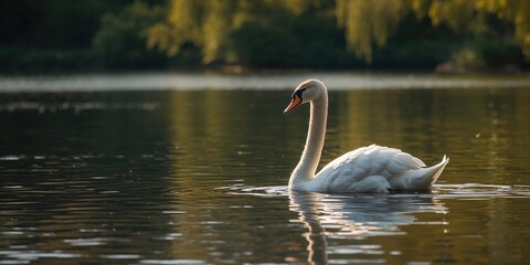 Young swan resting on a lakeshore in a natural setting, emphasizing wildlife and bird behavior