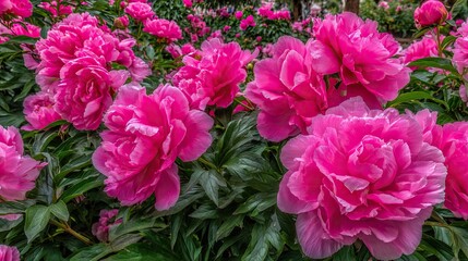 Obraz premium Numerous vibrant pink blossoms fill the foreground of a lush garden setting.
