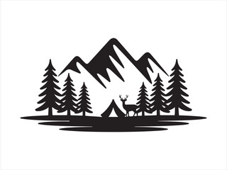 Obraz premium Camping Deer Scene Icon | Mountain Wildlife Adventure Silhouette | Outdoor Nature Badge