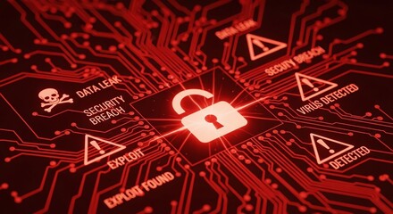 A red glowing padlock on a circuit board symbolizes a security breach, data leak, virus detection, and exploit found in a digital system