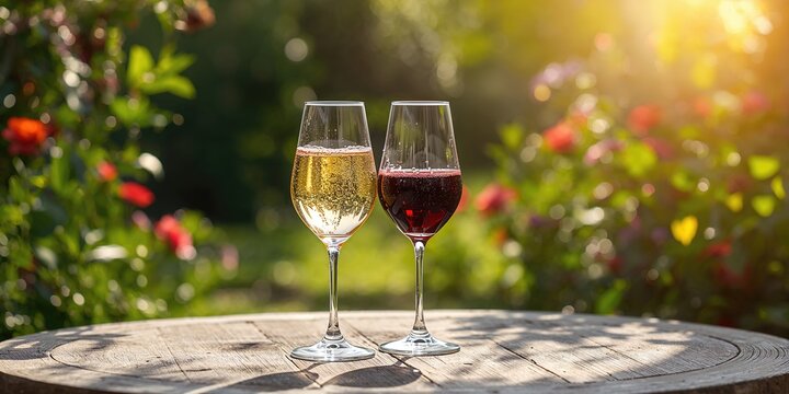 Two glasses of wine or cider on a table in a garden during summer, emphasizing casual outdoor leisure