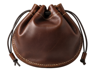 Brown leather drawstring pouch isolated PNG, vintage style coin purse for carrying small items on transparent background