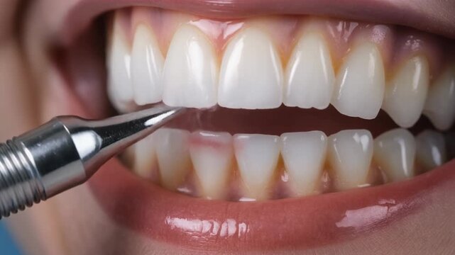 Macro animation of ultrasonic dental scaler cleaning teeth