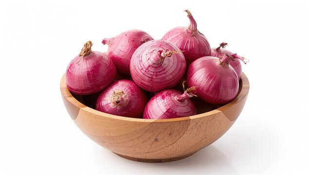 Peeled red onions arranged in a wooden bowl, fiber-dense choice